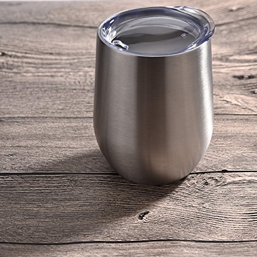 Skylety 12 oz Double-insulated Stemless Glass Wine Tumbler, Stainless Steel Tumbler Cup with Lids for Coffee, Drinks, Champagne, Cocktails (Silver)
