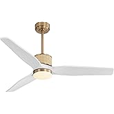 LEDLUX 52" Ceiling Fan with Light – Remote Control, Solid Wood, Quiet Reversible DC Motor, White/Gold Finish, Includes 4.5"/1
