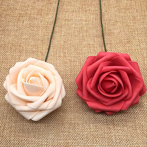 Lmeison Artificial Flower Rose 50pcs Real Looking Artificial Roses w/Stem for Bridal Wedding Bouquets Centerpieces Baby Shower DIY Party Home Décor,Champagne - Thumbnail 4