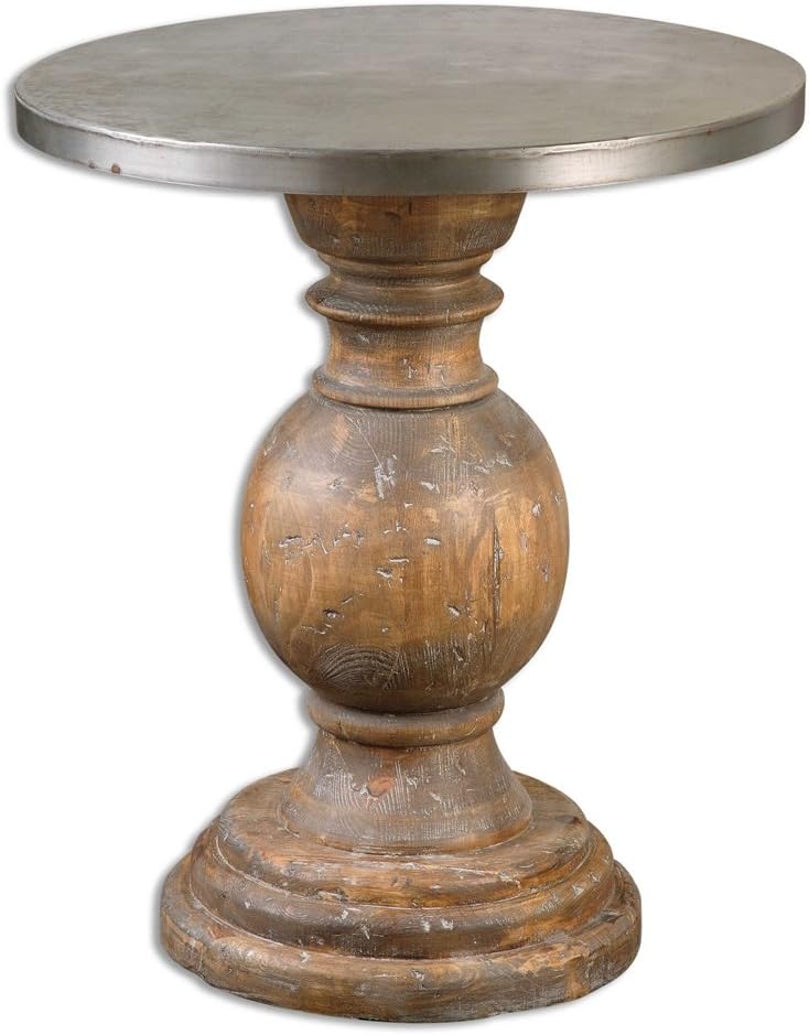 MY SWANKY HOME Round Column Oak Wood Pedestal Table | Contemporary Silver Top Transitional: Kitchen & Dining