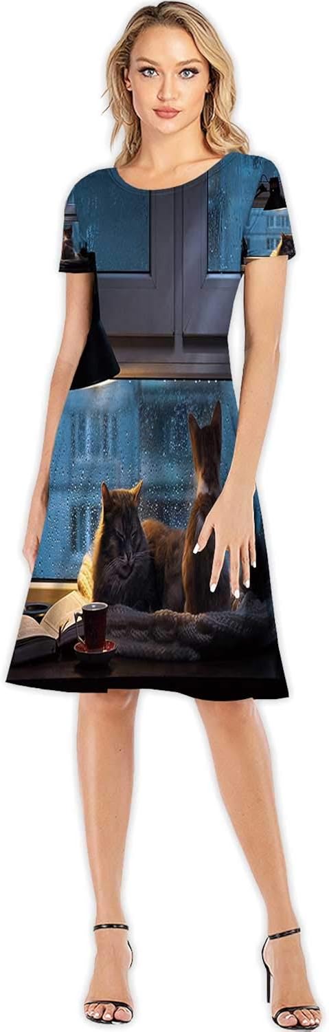 Cats Colorful Cartoon Painting Woman Fashion Apparel Evening Dress,104211 for Party,S