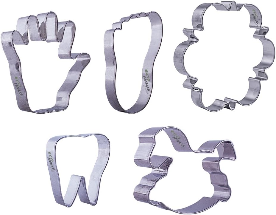 Baby Shower Cookie Cutter Set - 5 Pcs Stainless Steel Keks footprint, handprint, tooth, rocking horse shaped - Easy To Clean - Ideal For Fruits Biscuits Fondant Dough Vegetables Sandwi
