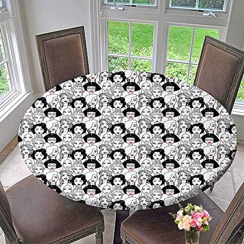 Mikihome Chateau Easy-Care Cloth Tablecloth Black Fashion Week Inspired Hot Sketch Models with Lipsticks White Pruple Burgundy and for Home, Party, Wedding 35.5"-40" Round (Elastic Edge)