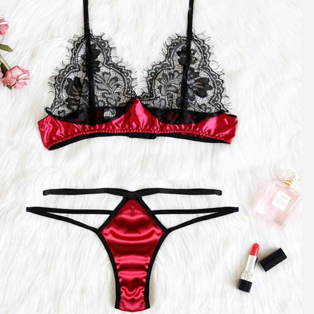 fercisi Women Lace Patchwork Lingerie Set Sexy V Neck Adjustable Spaghetti Strap Bra Brief Set Wine Red