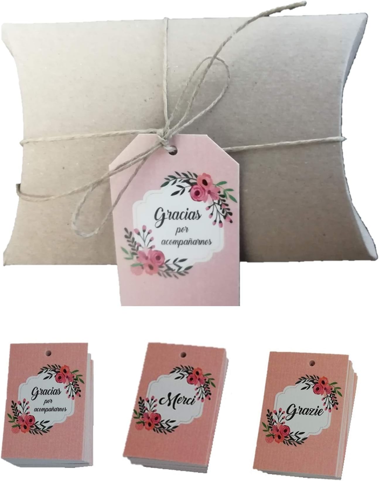 20 Brown Kraft Pillow Boxes 85x74x20mm with Thank You Tag (in 3 Different Languages)