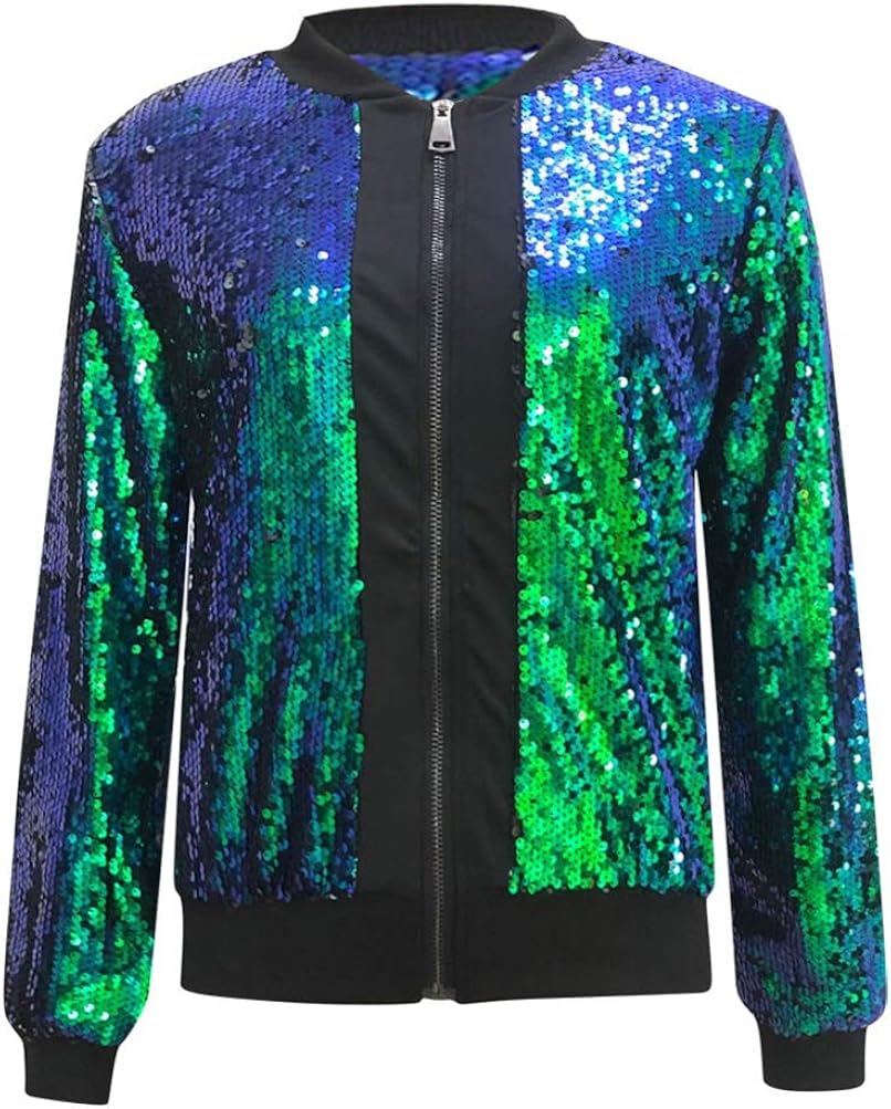TENDYCOCO Frauen Pailletten Jacke Glitter Bomberjacke Sparkly Mantel