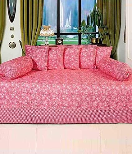 HomeStore-YEP Cotton Diwan Set of 8 Pcs - 1 Bedsheet, 5 Coushion Covers, 2 Bolster Covers