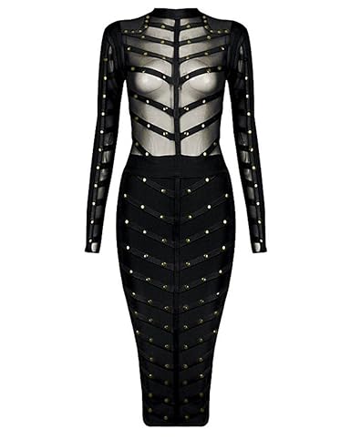 Whoinshop Damen Langarm Bodycon Kleid Studded Bandage PartyKleid mit Bloßen Ineinander Greifen Schwarz L
