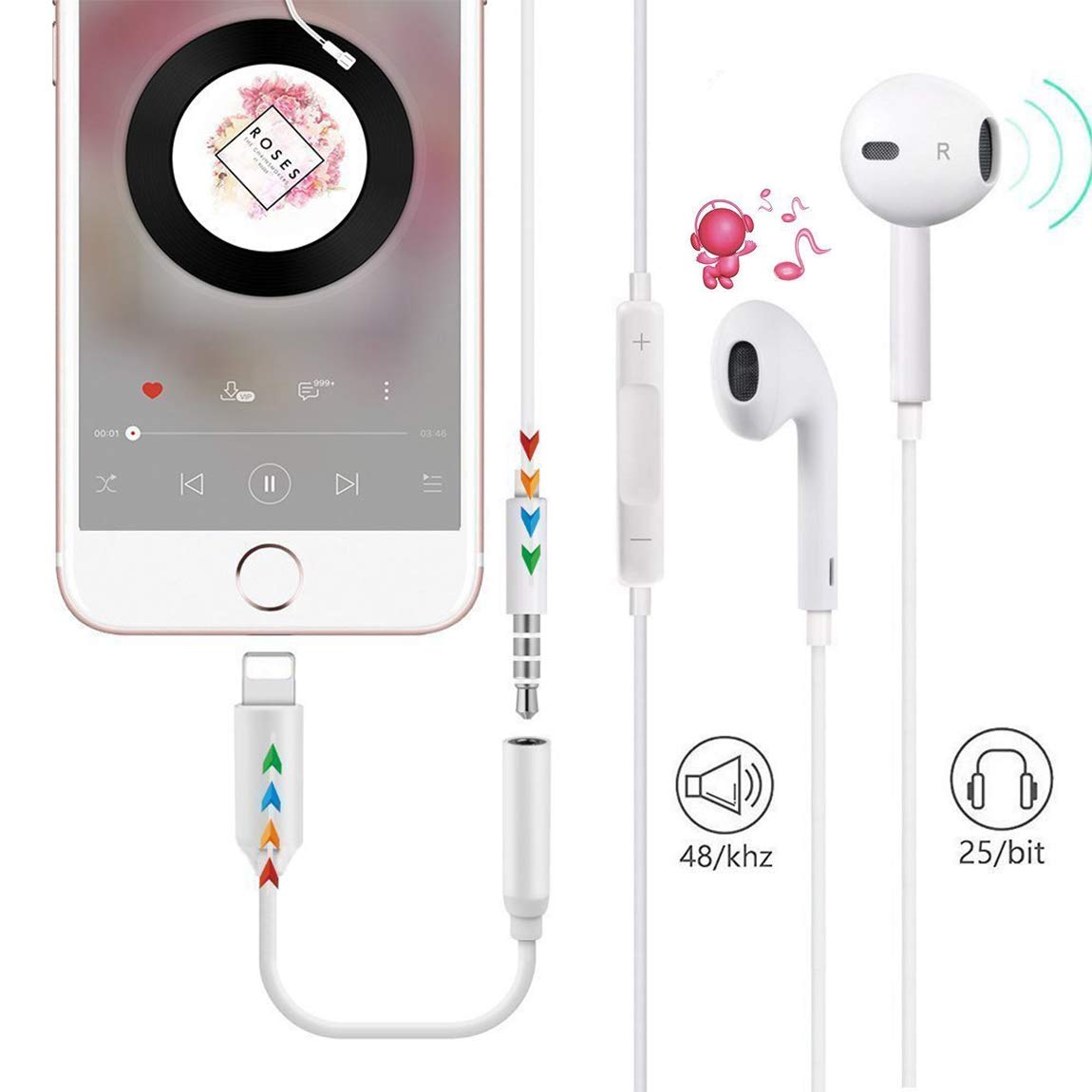 Adaptateur Casque pour iPhone 7 Adaptateur pour écouteurs 3,5 mm pour iPhone 7 7 Plus/8 8 Plus/X XS XR Adaptateur Prise Jack pour Casque Audio Splitter Câble AUX Jack Prise pour iOS 12