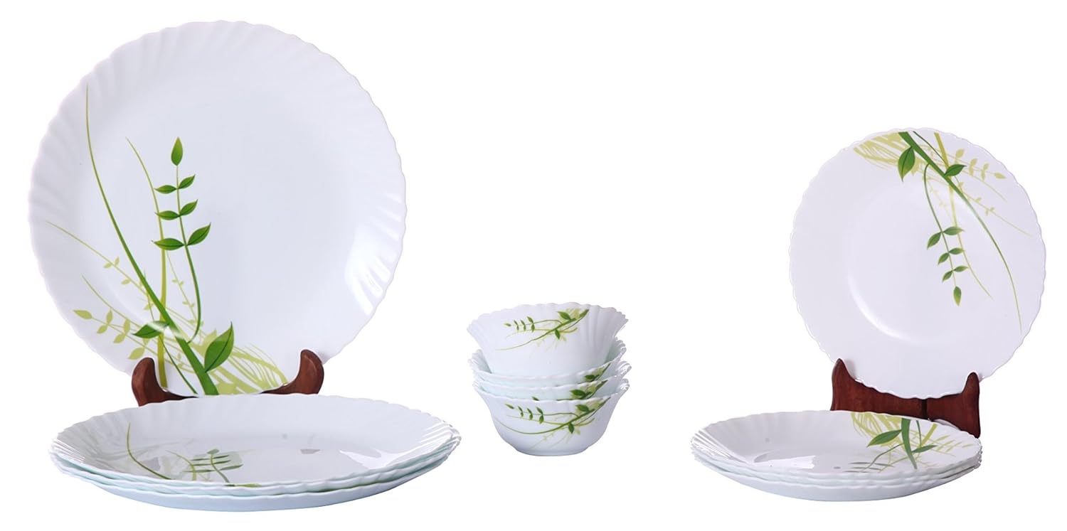 Buy Larah By Borosil Green Herbs Opalware Glass Dinner Set, 12Pieces
