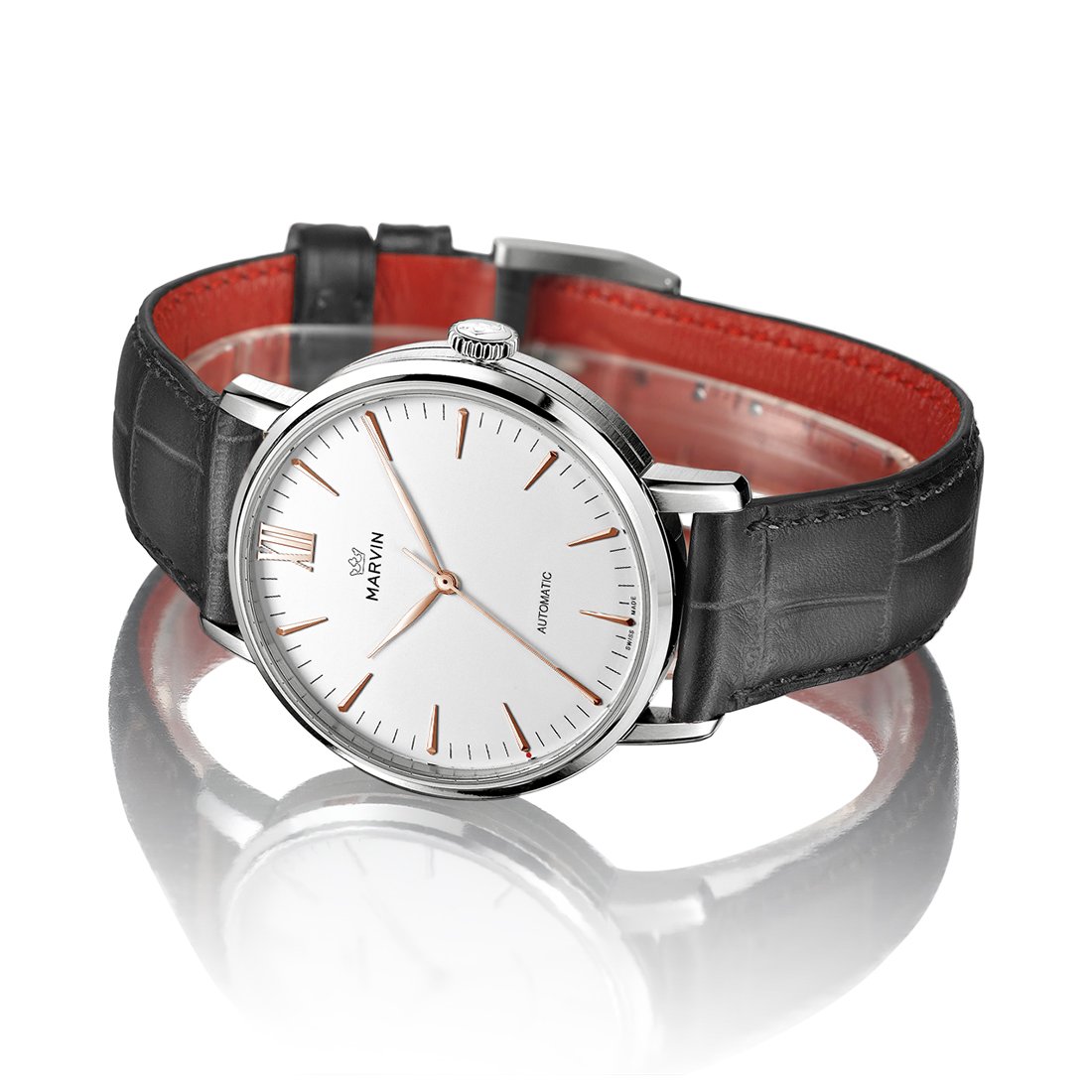 Swiss-Made-Marvin-Automatic-Men-Watches-with-White-Dial-and-Rose-Gold-PVD-Indexes