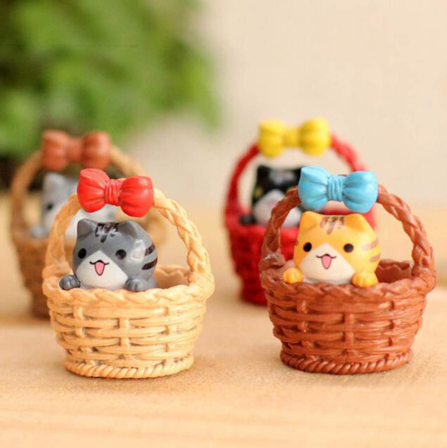 Ruzucoda Miniature Cat Figure Animal Toys Cute Basket with Kitty Fairy Garden Party Decorations 4 PCS