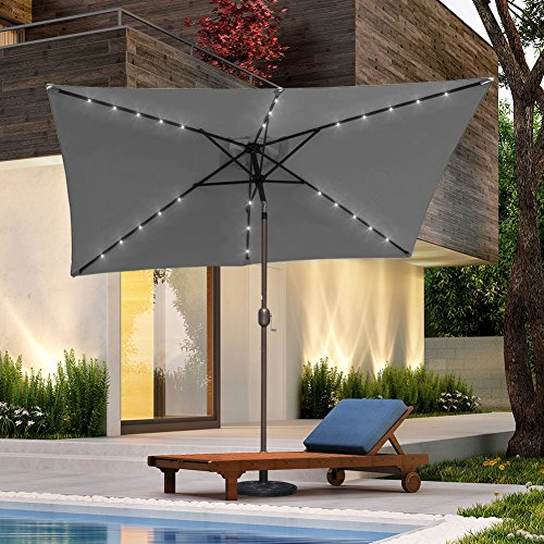 Sundale Outdoor Rectangular Solar Powered 26 Led Lighted Patio Umbrella Table Market Umbrella With Crank And Push Button Tilt For Garden Deck Backyard Pool 6 Alu Ribs 9 X 6 5 Feet Gray Buy