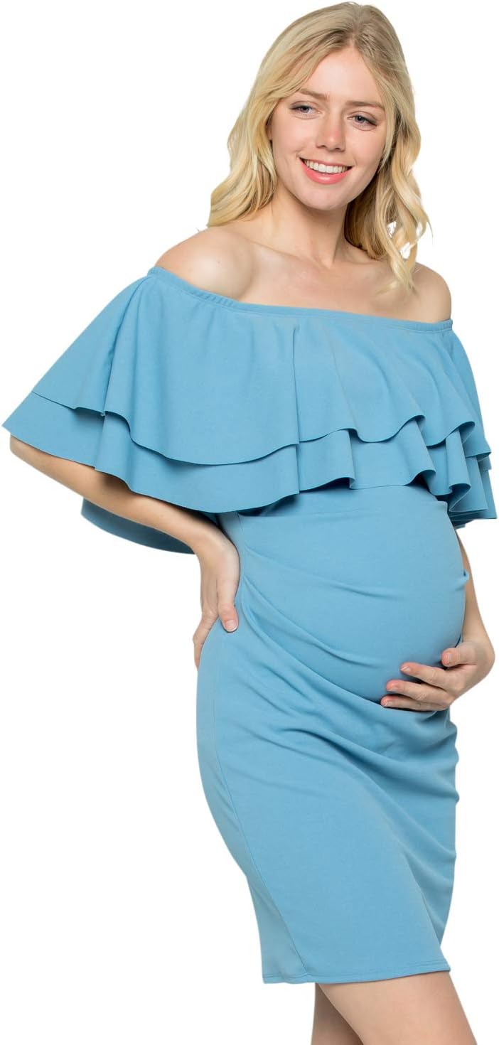 My Bump Double Layer Ruffle Maternity Dress-Fitted Off-Shoulder Baby Shower Pregnancy