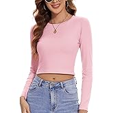 Light Pink Crop Top for Teen Girls Women Cute Long Sleeve Tight Workout Scoop Neck Basics Shirts Athletic Sexy Y2k Trendy Going Out Junior (Pink XS)