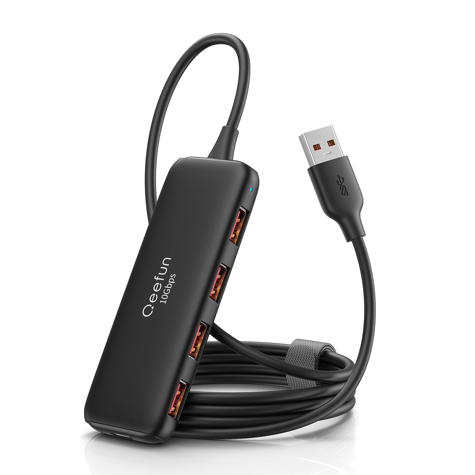 Photo 1 of Qeefun 10Gbps USB 3.2 Hub with 4 USB A Data Ports, USB 3.2 Gen 2 Splitter, 4ft Extended Long Cable and Type-C Power Port, USB multiport Adapter for pc, Laptop, iMac, Mac mini, Dell XPS and More