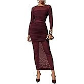 Milumia Women's Sheer Mesh Long Sleeve Maxi Dress Ruched Bodycon Cocktail Party Dresses