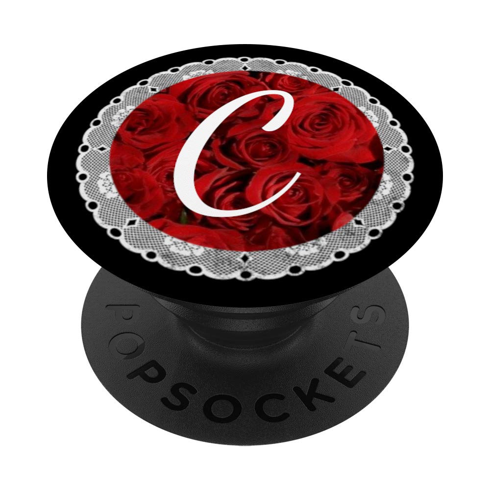 Monogram Pop Roses Letter C Phone Stand White Initial C PopSockets Grip and Stand for Phones and Tablets