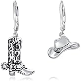 Cowboy Earrings Sterling Silver Cowgirl Boot Hat Dangle Dangling Drop Dangly Leverback Earrings Western Boho Jewelry Gifts for Women Men