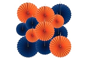 MOWO Royal Blue and Orange Paper Fans Party Decoration Wall Background Ceiling Hanging Decoration for Birthday Wedding Graduation Theme Party,12pc