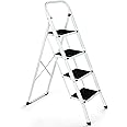 JungleA 4 Step Ladder, Folding Step Stool for Adults, Foldable Lightweight Portable Tall White Ladder Stool for Home Kitchen Closet Garage & Office, Wide Anti-Slip Pedal, 330 lbs Load Capacity