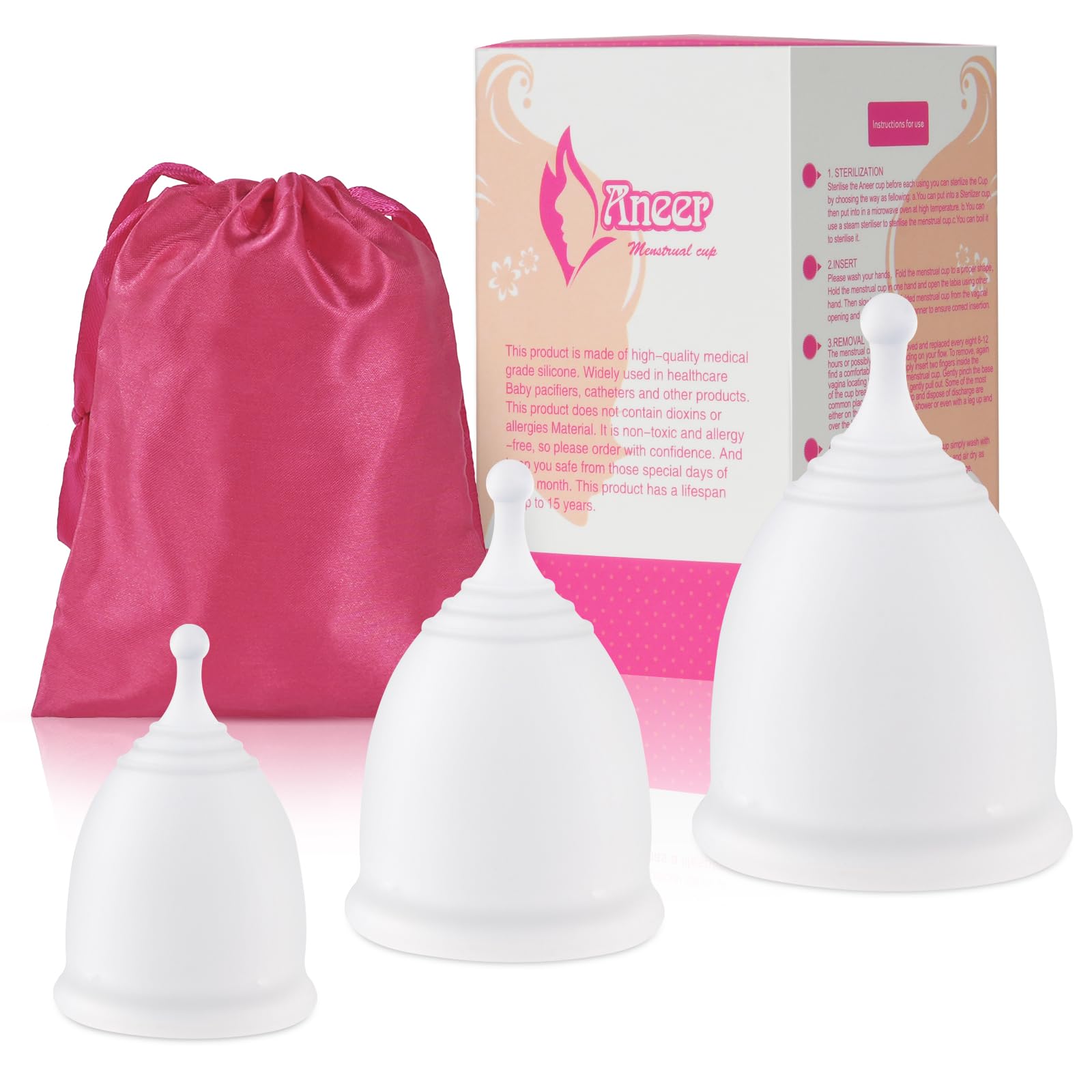ACWOO Menstrual Cup, 3PCS Medical Grade Silicone Period Cup (XS, S & L Size), Soft Comfortable Reusable Menstruation Cups, Feminine Care Hygiene Products, Better Alternative to Sanitary Pads & Tampons