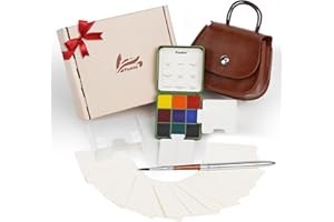 Funto Mini Watercolor Set Travel Kit with 9 Colors Christmas Green Gift, Leather Bag & Watercolor Paper, Portable Drawing & Painting Supplies for Beginners, Art Set