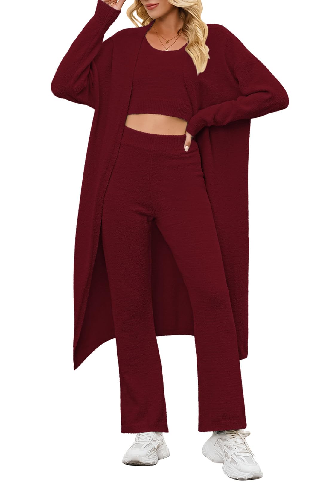 Photo 1 of Women's Fuzzy 3 Piece Sweatsuit Open Front Cardigan Crop Tops Leggings Lounge Sets Sweatsuit Ruby M