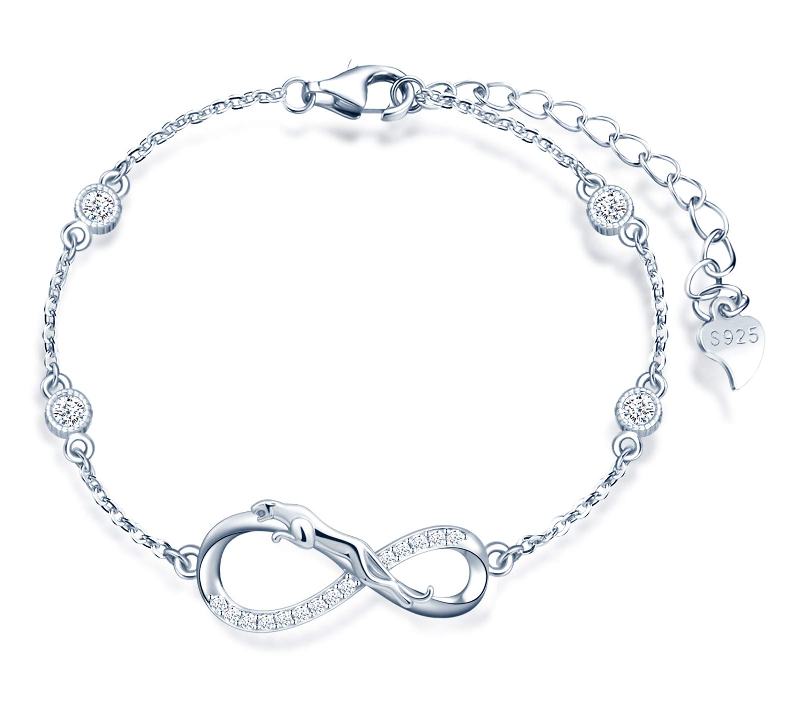 MicLee Woman's girl's Bracelet, 925 Sterling Silver bracelet, Leopard and infinity symbol bracelet, Inlaid with zircon, adjustable chain, Unique design animal bracelet, silver — image 1