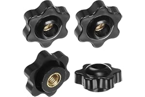 M METERXITY 4-Pack 6 Star Knobs, M6 Female Thread 25mm Hexagon Head Through Hole Clamping Grip Handles for Machinery/Electronic/Woodworking, Brass Screw-On Threaded Knob [Black]