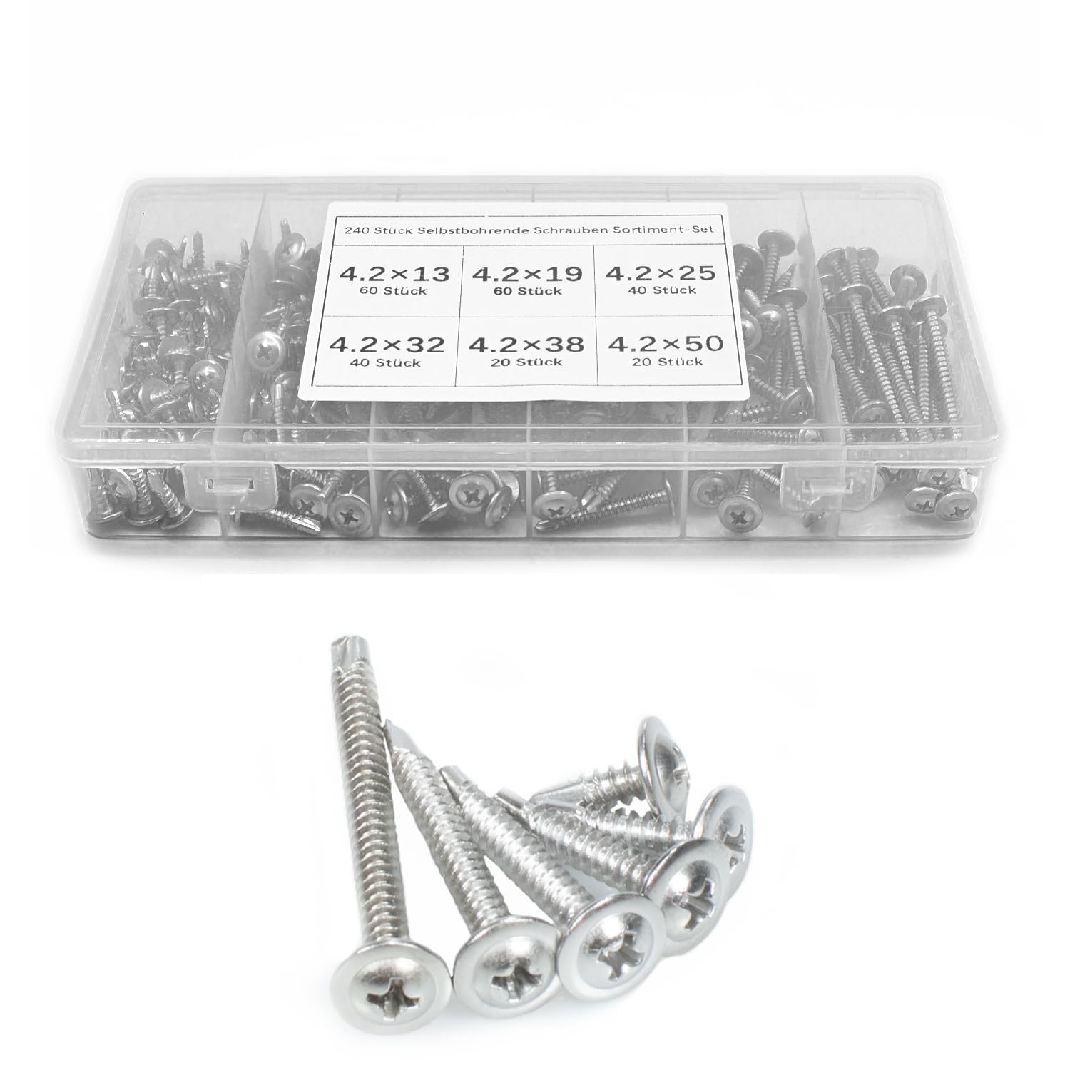 Selbstschneidende Schrauben für Metall, 240 Stück (410) Edelstahl-Modifizierte Truss-Kopf-Blechschrauben-Selbstbohrschrauben-Sortimentskit