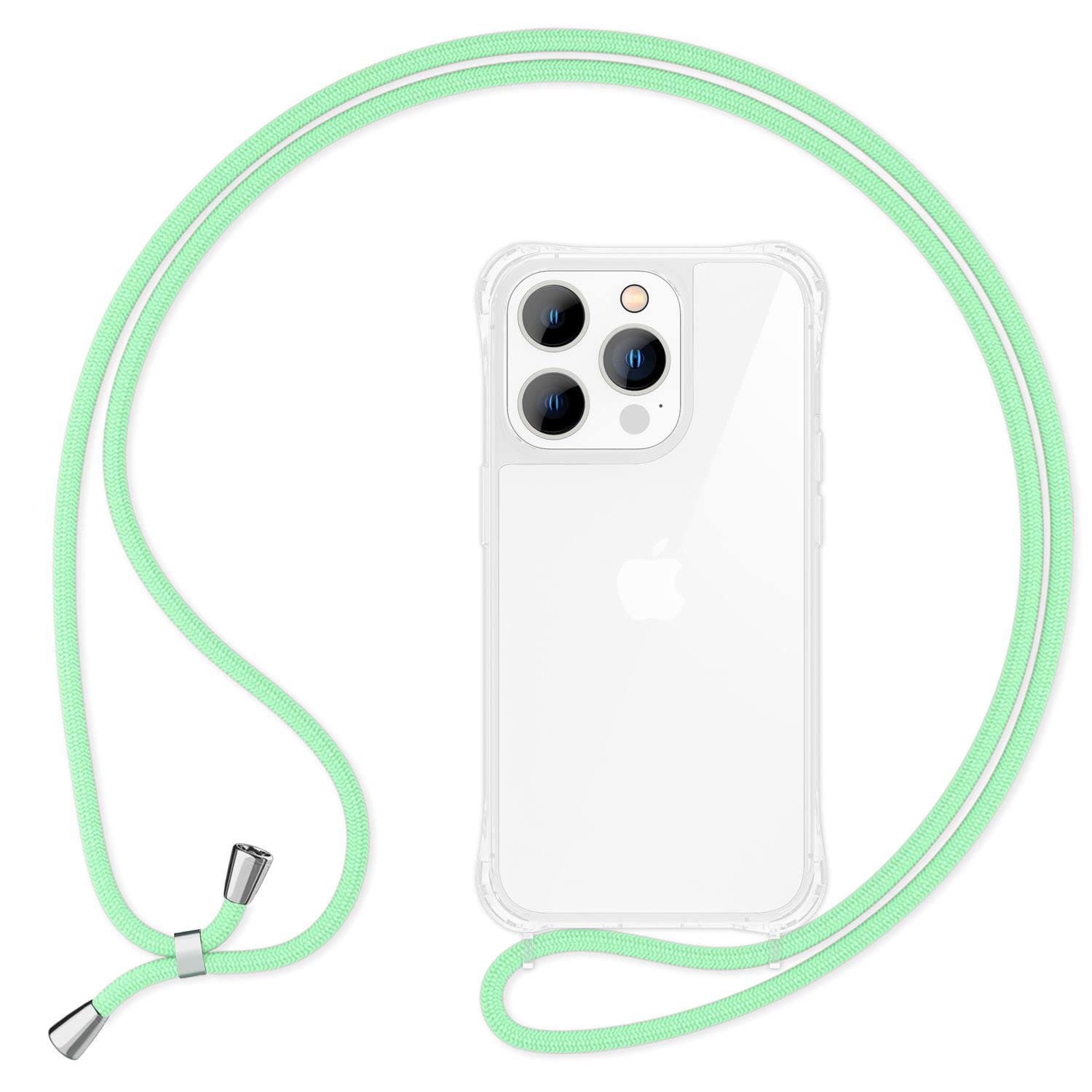 NALIA Necklace Case for iPhone 14 Pro - Transparent Hybrid Cover & Strap - HANGIT PRO (Anti-Yellow Back & Adjustable) - German Brand, Color:Mint Green