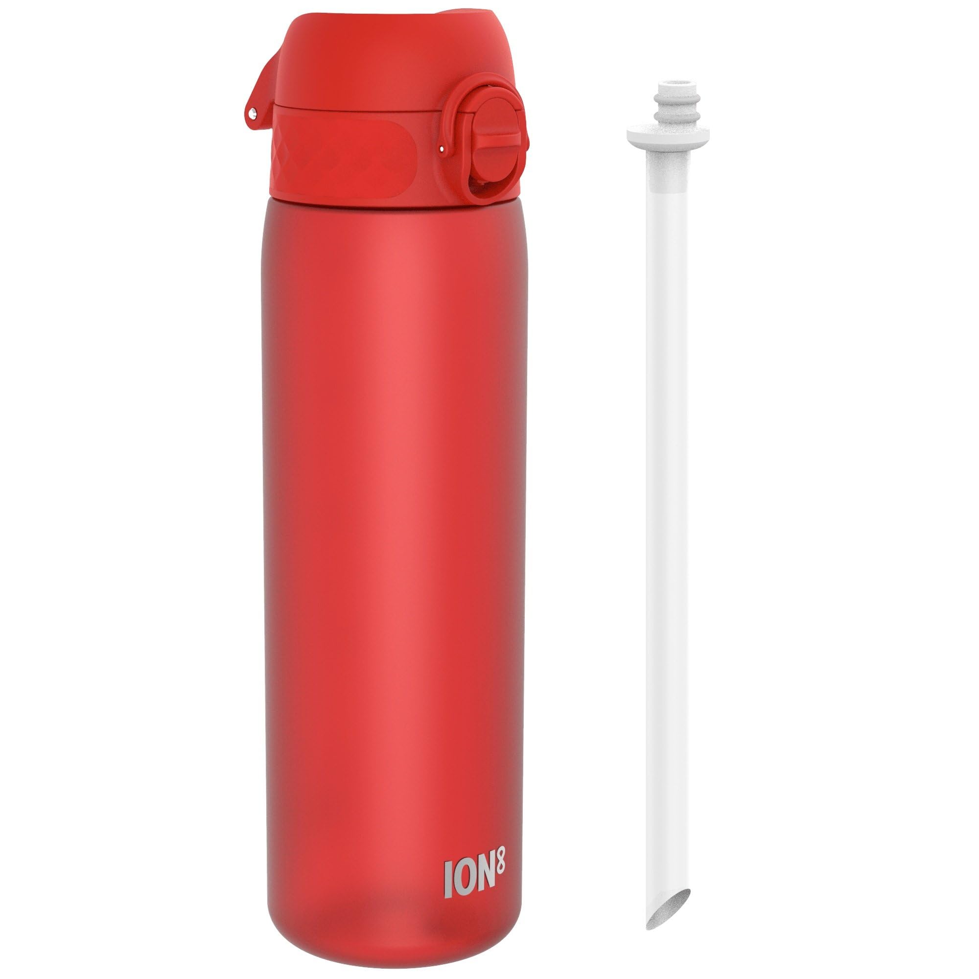 Ion8 500ml Water Bottle, Leak Proof & BPA-Free Drinking Bottle with Straw, Triple Lock Lid to Prevent Spills & Integrated Handle, Carbon Neutral, 500ml/18oz, Recyclon, Red with Straw