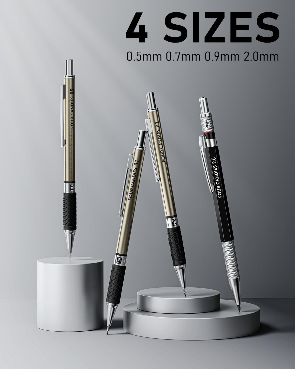 Four Candies 25-teiliges Kunst Druckbleistift-Set mit Etui, Metall-Druckbleistifte 0,5, 0,7, 0,9 mm 2 mm Kupplungsstift (HB 2H 2B 4B Farbe) mit 432 Stück Graphit Minen-Nachfüllungen für Zeichnen 6