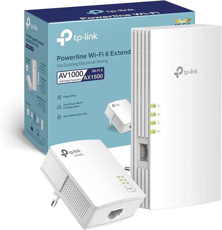 TL-WPA7817 KIT Powerline, AV1000Mbps e AX1500Mbps su WiFi 6 Dual Band, Senza Presa, Homeplug AV2, Plug & Play, Porta Gigabit Ethernet, Auto-Sync, EasyMesh, Compatibile con tutti i Router