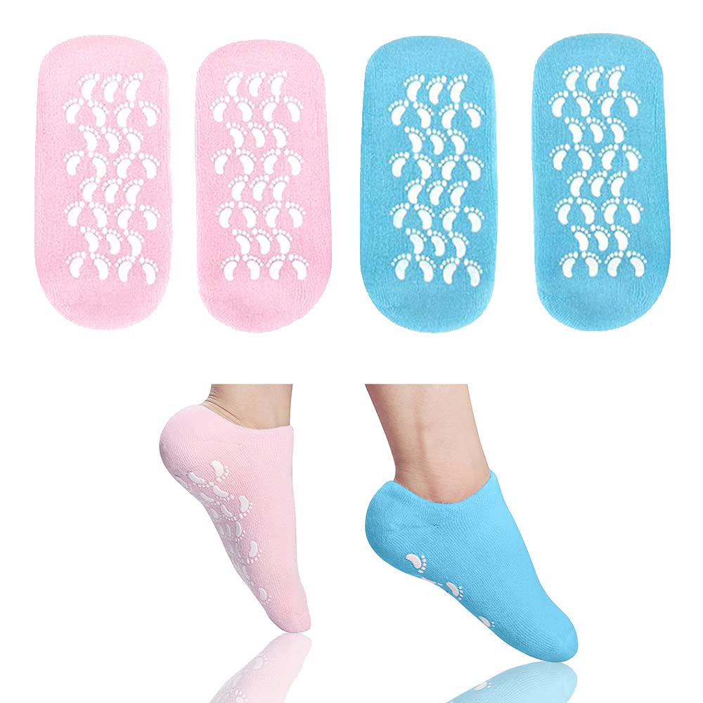 2 Pairs Moisturising Socks, Moisture Gel Socks Soft Moisturising Foot Socks for Women and Men, Gel Socks for Moisturising Dry Feet Cotton Gel Toe Moisturizing Spa Silicone Socks(Blue Pink)