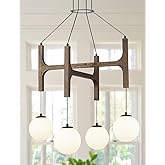 Vintage Milk Glass Pendant Light, Mid Century Wood Chandelier with Rustic Farmhouse Design, 4-Light Hanging Fixture for Kitch