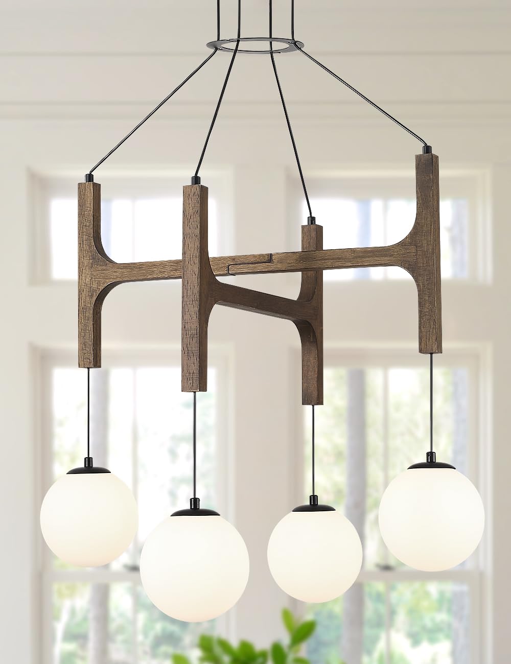 Photo 1 of Vintage Milk Glass Pendant Light, Mid Century Wood Chandelier with Rustic Farmhouse Design, 4-Light Hanging Fixture for Kitchen Island, Dining Room, Bedroom Stairwell