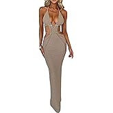 Women Sexy V Neck Bodycon Sweater Dress Knitted Halter Backless Hollow Out Waist Maxi Dress Party Club Long Dresses