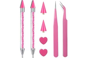 YAOOCIY Pink Rhinestone Picker Tool Set - 2 Pcs Dual-Head Wax Pens with 2 Wax Tips and 2 Pink Tweezers, Wax Pencil for Rhinestones, Crystal Diamond Pickup Tool for Nail Art, Gem and Crystal Application Kit