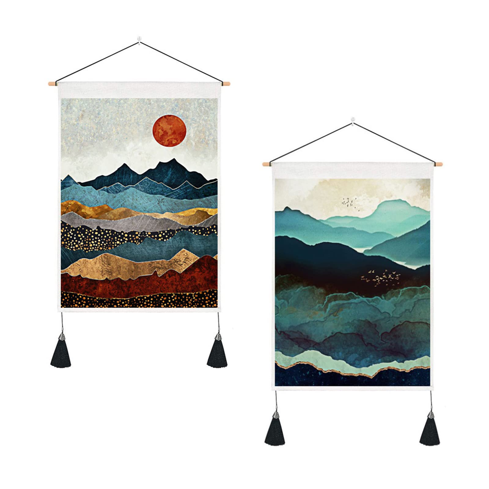 BetterJonny 2 Pack Mountain Wall Art, 35cmx50cm Japanese Misty Forest Tapestry with Tassels for Bedroom