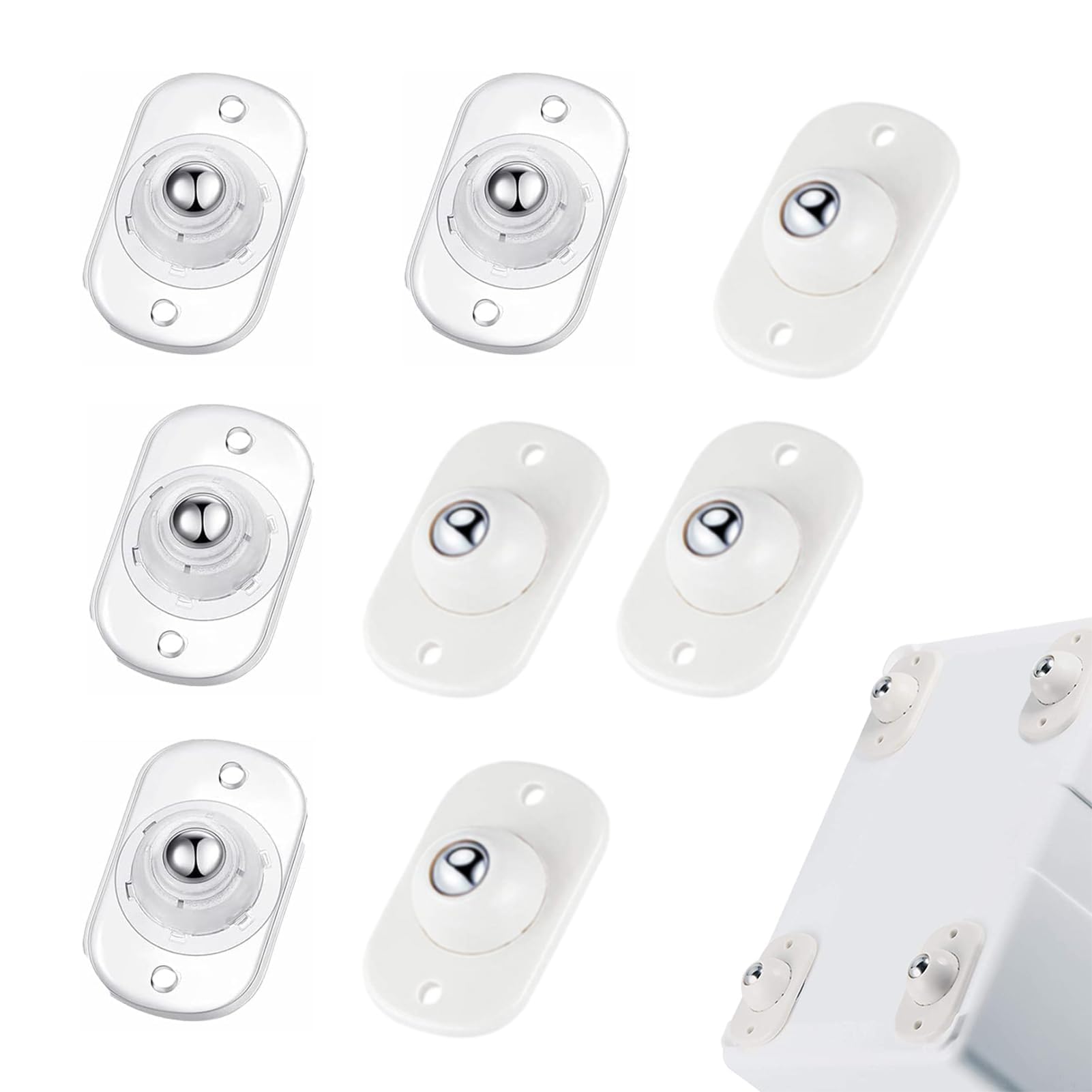 Photo 1 of Self Adhesive Caster Wheels, Appliance Rollers for Kitchen Appliances, 360° Swivel Mini Universal Wheel Roller Casters, Sticky Pulley for Trash Can, Storage Box, Small Furniture (White, Clear - 8 PCS)