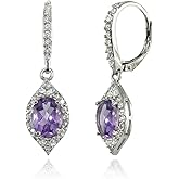 Sterling Silver Gemstone & White Topaz Oval Dangle Earrings for Women, Wife, Mother, Girlfriend