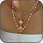 Shell Pearl Necklace for Women Lariat Y Shaped Layered Gold Seashell Flower Chunky Pendant Chain Charm Statement Trendy Birthday Vacation Summer Jewelry Accessories Gifts