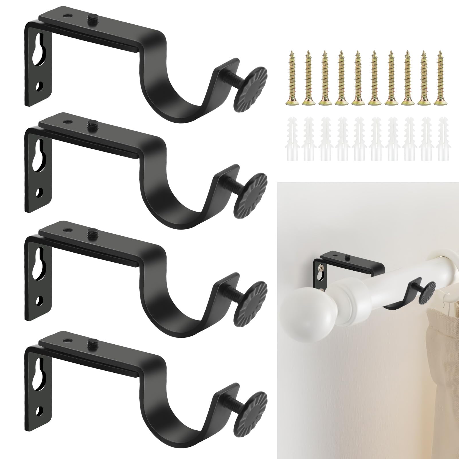 ALLisWE 4 Pieces 28mm Adjustable Black Curtain Pole Brackets - Metal Heavy Duty Rod Holders With Screws for Bedroom, Office, Bathrooms, Door, Clothes Hanging Rails