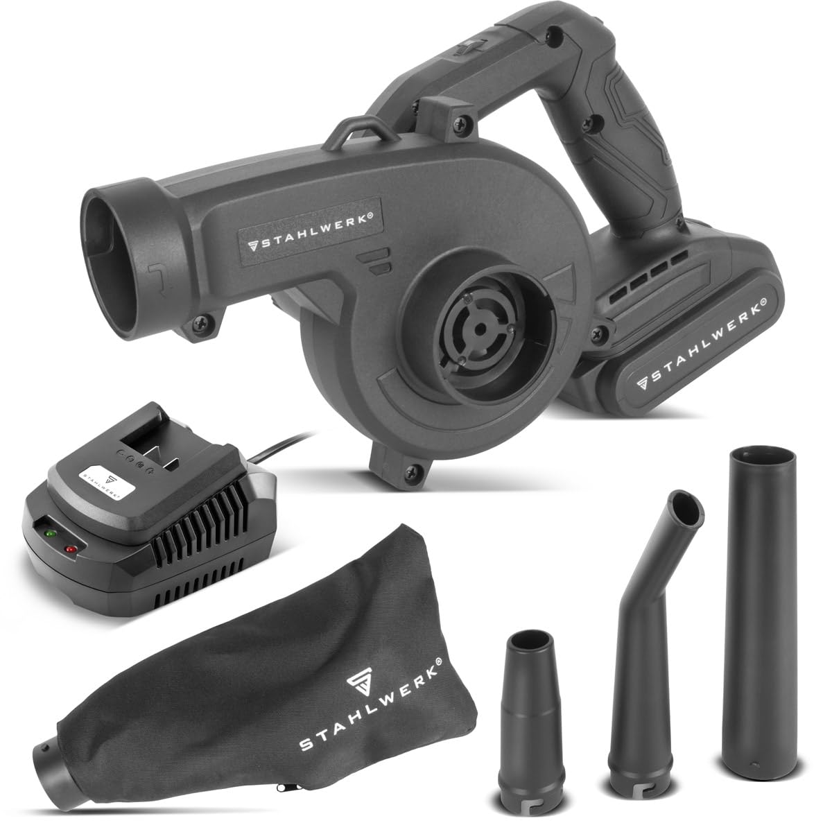 STAHLWERK 2-in-1 Akku-Laubbläser & Staubsauger MAG-20 ST – 20 V mit 2 Ah, kompakter Brushless Bläser für Garten, Straße, Werkstatt & Auto, handlicher Mini-Laubbläser bis zu 98 m/s und 18.000 U/min