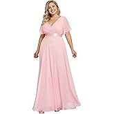 Ever-Pretty Plus Women's V Neck Mother of The Bride Dress Chiffon A Line Maxi Plus Size Evening Dress with Sleeves 09890-DAPH