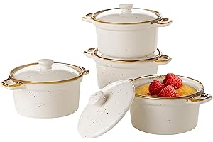 CONTENPO ONEMORE Ramekins with Lids, 6 oz Oven Safe Ceramic Mini Casserole Dish with Handles & Brown Rim for French Onion Soup, Speckled Mini Dutch Oven Cocotte Set of 4 for Individual Serving, Creamy White