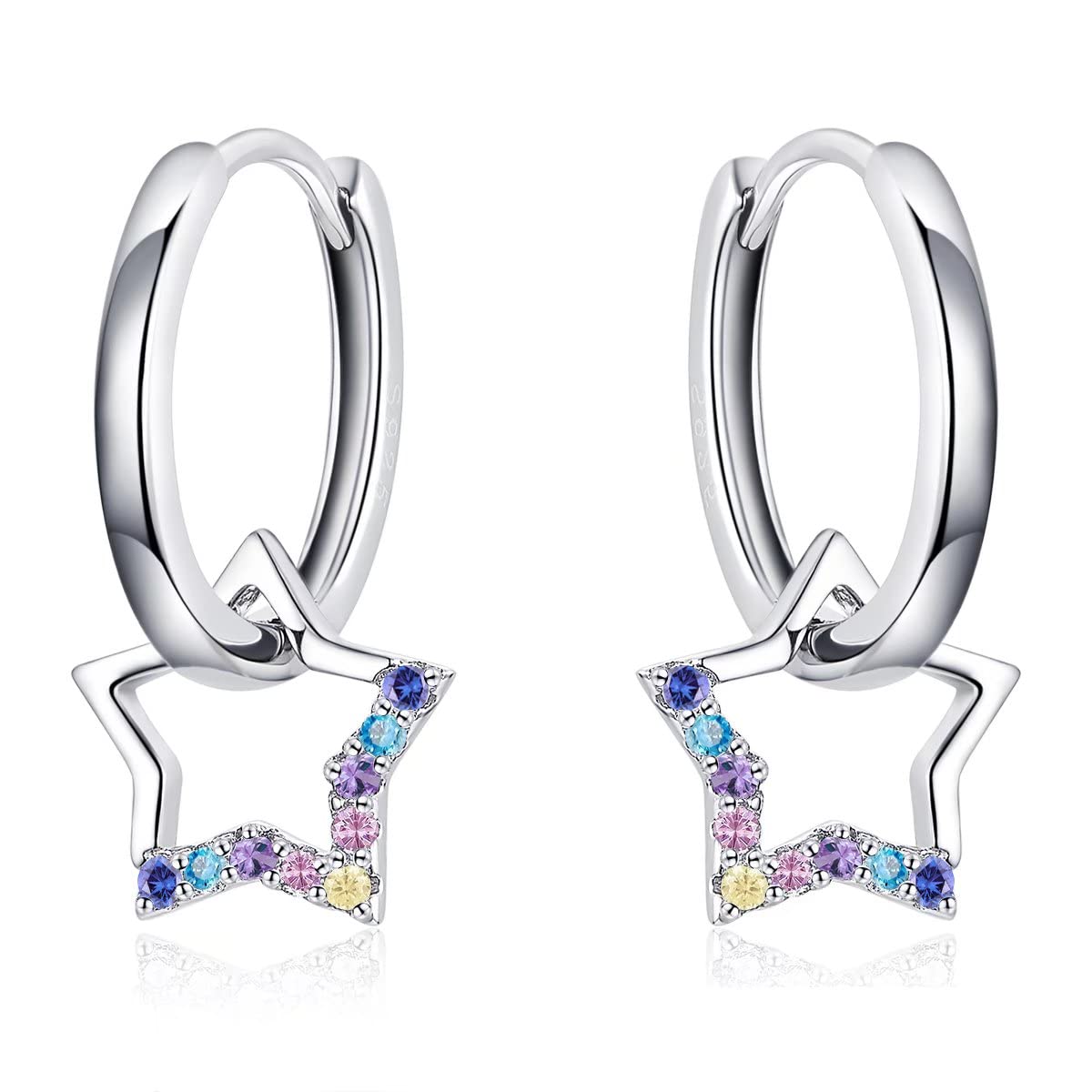 Qings Star Dangle Hoop Earrings, 925 Sterling Silver Huggie Hoop Earrings Sparkling Colorful Cubic Zirconia Star Earrings Hypoallergenic Sleeper Hoops Jewelry Gift for Girls Women Teen