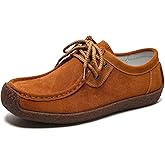 Sunporx Womens Suede Oxford Shoes Lace Up Comfort Casual Cowhide Square Toe Driving Moccasins Slip On Bowknot Penny Flat Loafers